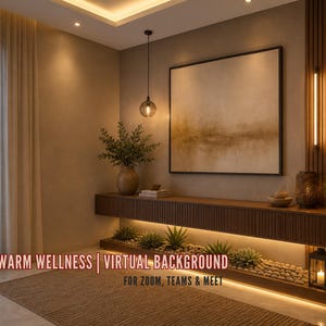 May include: A digital interior scene featuring a floating wooden console with slatted details, a large abstract painting, a glass pendant light, and a lower shelf with succulents and stones. Text reads: WARM WELLNESS | VIRTUAL BACKGROUND FOR ZOOM, TEAMS & MEET.