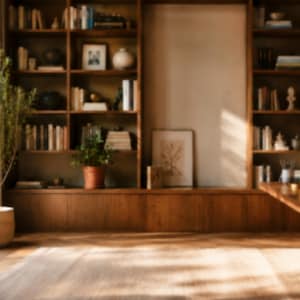 Pu&ograve; includere: Un ufficio domestico con una grande scrivania in legno, una sedia verde scuro e scaffali in legno a tutta altezza pieni di libri e oggetti decorativi. Una pianta in vaso si trova vicino a una finestra e un tappeto chiaro copre il pavimento.