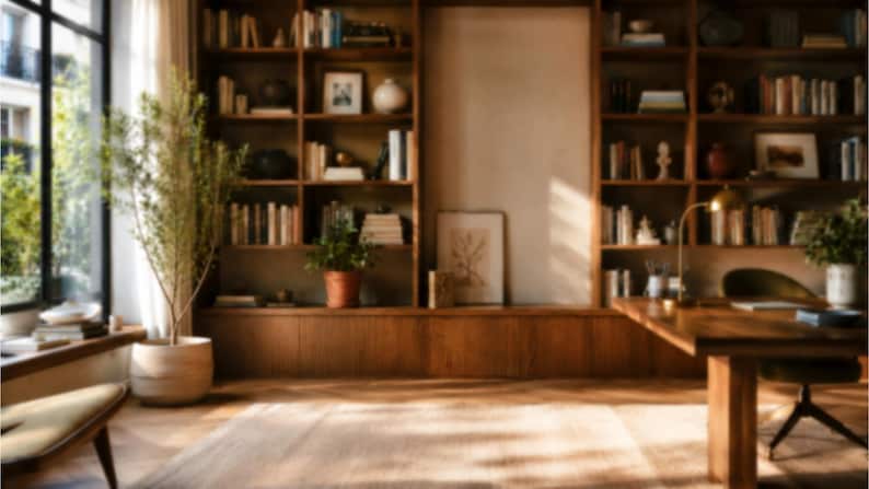 Pu&ograve; includere: Un ufficio domestico con una grande scrivania in legno, una sedia verde scuro e scaffali in legno a tutta altezza pieni di libri e oggetti decorativi. Una pianta in vaso si trova vicino a una finestra e un tappeto chiaro copre il pavimento.