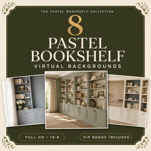 Puede incluir: Una colección digital de 8 fondos virtuales de estanterías en tonos pastel con imágenes en alta definición 16:9. El gráfico muestra el texto THE PASTEL BOOKSHELF COLLECTION, 8 PASTEL BOOKSHELF VIRTUAL BACKGROUNDS, FULL HD 16:9 y VIP BONUS INCLUDED.