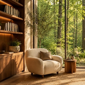 May include: A cream-colored, textured bouclé armchair with a rounded back and a single square brown throw pillow, positioned next to a small round wooden side table in a room with a tall wooden bookshelf and a large window overlooking a forest.