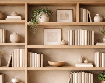 Warm Neutral Bookshelf Virtual Background for Zoom, Beige Office Background, Elegant Home Office Backdrop for Video Calls