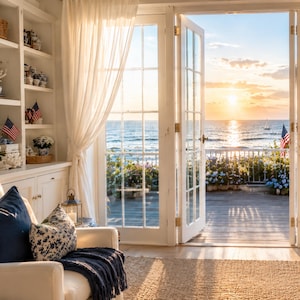 Puede incluir: Un salón luminoso y espacioso con puertas francesas blancas que dan a una terraza con vistas al mar al atardecer. Un sillón blanco con cojines azules y una manta azul marino en primer plano. Estanterías exhiben decoración.