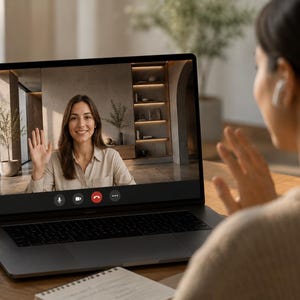 May include: A dark gray laptop screen displays a video conference call featuring a person waving. The interface includes microphone, camera, and red end-call icons. The laptop sits on a wooden desk with a notebook, pen, and ceramic mug nearby.