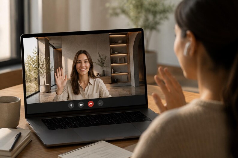 May include: A dark gray laptop screen displays a video conference call featuring a person waving. The interface includes microphone, camera, and red end-call icons. The laptop sits on a wooden desk with a notebook, pen, and ceramic mug nearby.
