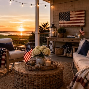 Puede incluir: Un acogedor espacio al aire libre con vista al atardecer. Cuenta con una mesa de centro tejida, un sofá de madera y sillones con cojines y mantas de temática patriótica. Elementos decorativos incluyen una bandera americana, flores, velas y luces de cadena.