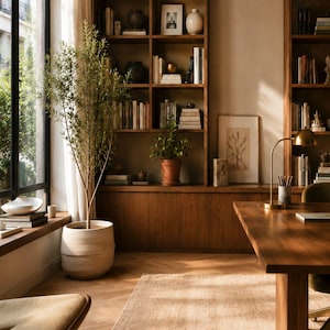 Pu&ograve; includere: Un ufficio domestico con una grande scrivania in legno, un tappeto testurizzato e una pianta alta in un vaso di ceramica beige. Librerie in legno a tutta altezza piene di libri e oggetti decorativi fiancheggiano la parete accanto a una finestra.