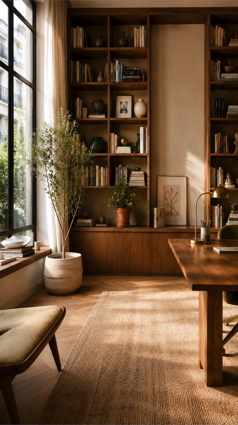 Pu&ograve; includere: Un ufficio domestico con una grande scrivania in legno, un tappeto testurizzato e una pianta alta in un vaso di ceramica beige. Librerie in legno a tutta altezza piene di libri e oggetti decorativi fiancheggiano la parete accanto a una finestra.