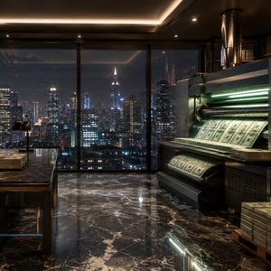 May include: An interior scene featuring a printing press producing stacks of US currency. The room has a large window overlooking a city skyline at night. The floor is black marble, and a desk with stacks of money is visible.