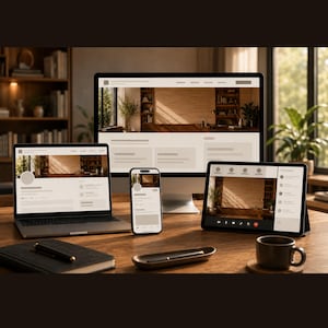May include: A desktop computer monitor, a laptop, a tablet, and a smartphone arranged on a wooden desk. Each device displays a matching website interface with a neutral color scheme. A black notebook, a pen, and a dark ceramic mug are also present.
