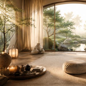 Puede incluir: Un interior sereno con una gran ventana que da a un jardín japonés. La habitación cuenta con un cojín bajo y redondo, una bandeja de madera con un juego de té, velas y libros, y jarrones decorativos. La luz suave se filtra a través de cortinas transparentes.