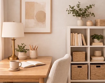 Minimal Zoom Background, Warm Neutral Living Room, Cozy Scandinavian Interior, Virtual Background for Zoom Meet Teams, Aesthetic Home Office