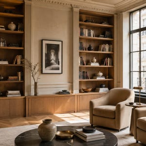 May include: A room featuring floor-to-ceiling wooden bookshelves filled with books and decorative vases. A framed black and white photograph hangs on the wall. A beige armchair sits near a round black marble coffee table with a ceramic vase.