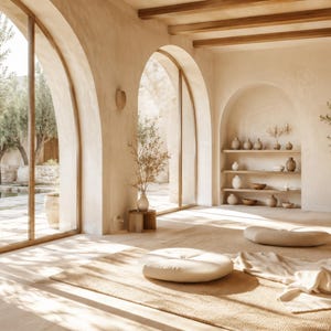 May include: A bright room with arched windows, wooden ceiling beams, and beige walls. The space features three wooden shelves displaying various ceramic vases and bowls, a woven rug, two round floor cushions, and a small wooden side table.