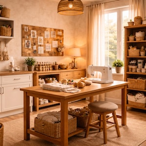 May include: A craft room featuring a wooden table with a white sewing machine, a round stool, and woven baskets filled with fabric and supplies. A wooden shelf unit, a wall-mounted cork board with photos, and a woven pendant light are visible.