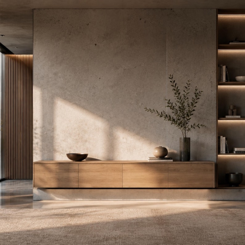 May include: A long, low wooden media console with four cabinet doors sits against a textured concrete wall. A dark bowl, a small round vase, and a tall cylindrical vase with green leafy branches are placed on top of the console unit.