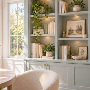 Peut inclure: Une bibliothèque intégrée vert sauge clair avec plusieurs étagères remplies de livres, de plantes en pot, d'art paysager encadré et de bols décoratifs. L'unité comprend un éclairage intégré et des placards bas avec de petits boutons dorés.