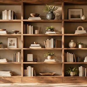 Peut inclure: Une grande bibliothèque en bois avec plusieurs étagères contenant des rangées de livres, des plantes vertes en pot, des vases en céramique, des bols décoratifs et des cadres. L'unité présente une finition en bois naturel et des tiroirs intégrés.