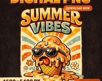 Summer Vibes PNG, Retro Summer PNG, Funny Ice Cream Sublimation Design, Vintage T Shirt Graphic, Digital Download, Transparent PNG File