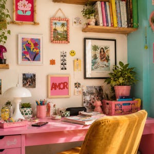 May include: A bright pink desk with a yellow velvet chair, featuring a white mushroom lamp, a pink pencil holder, a pink crate, and various framed art prints on the wall including one with the word AMOR in red letters and a smiley face sticker.