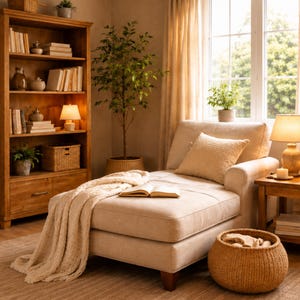 May include: A beige upholstered chaise lounge with a textured throw blanket and an open book, positioned next to a wooden bookshelf filled with books and decor, a potted plant, and a side table with a lamp and a round woven basket nearby.