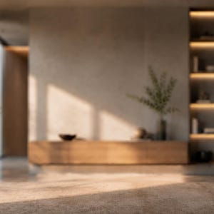 May include: A beige area rug positioned in a room with concrete flooring, a wooden console table, a potted plant, and a built-in shelving unit with integrated lighting. The space features neutral walls and large windows allowing natural light.