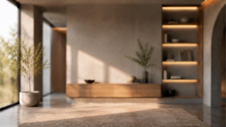 May include: A beige area rug positioned in a room with concrete flooring, a wooden console table, a potted plant, and a built-in shelving unit with integrated lighting. The space features neutral walls and large windows allowing natural light.