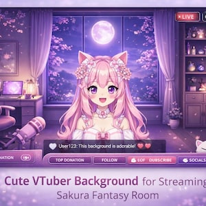 Peut inclure: Illustration numérique d'un personnage de style anime avec des cheveux roses et des oreilles de chat, dans une pièce violette de Sakura fantasy. La scène comprend un bureau, une chaise et une fenêtre avec une pleine lune. Le texte indique "Cute VTuber Background for Streaming Sakura Fantasy Room."
