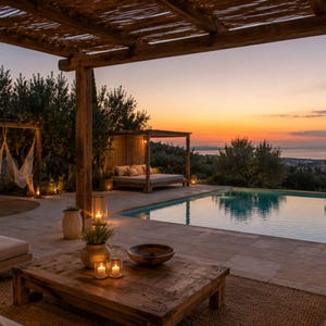 Puede incluir: Escena de patio al aire libre al atardecer con piscina, pérgola de madera y mesa de centro rústica. También se ven una hamaca y una cama de día. El cielo es un degradado de naranja y amarillo. La escena está iluminada por velas y pequeñas luces.