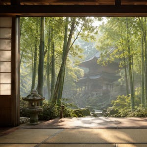 May include: A view from a room with tatami mats and a shoji screen looking out onto a garden with a stone lantern, tall green bamboo stalks, and a multi-tiered wooden temple building nestled among trees and stone steps in the soft morning light.