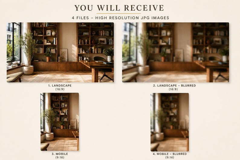 Pu&ograve; includere: Una visualizzazione di prodotto digitale che mostra quattro immagini JPG ad alta risoluzione di un ufficio domestico con librerie in legno. Il testo recita: YOU WILL RECEIVE 4 FILES - HIGH RESOLUTION JPG IMAGES, 1. LANDSCAPE (16:9), 2. LANDSCAPE - BLURRED (16:9), 3. MOBILE (9:16), 4. MOBILE - BLURRED (9:16).