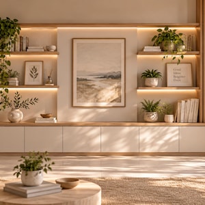 Op de afbeelding: Een wandvullende houten wandkast met geïntegreerde ledverlichting, voorzien van een centrale ingelijste landschapsprint, diverse groene kamerplanten, stapels boeken en een ingelijst bordje met de tekst Good Ideas Brighter Days.