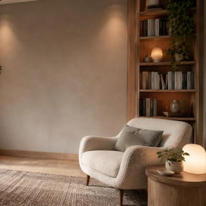 May include: A cozy living room scene featuring a cream-colored armchair with a gray pillow, a wooden side table with a glowing lamp, and a bookshelf filled with books. A small potted plant sits on the table. The room has a neutral color palette.