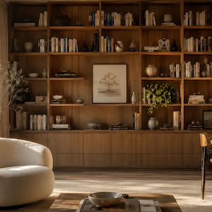 Puede incluir: Una gran estantería de madera empotrada llena de libros, jarrones decorativos y obras de arte enmarcadas. La estantería tiene múltiples estantes y armarios. Una butaca blanca y curvada se encuentra frente a la estantería. Una mesa de centro de madera con un cuenco está en primer plano.