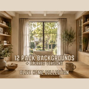 May include: A digital collection of 12 pack backgrounds and blurred versions from the Olive Home Collection, featuring a wooden desk with a ceramic bowl and mug, set in a room with bookshelves, a window, and a potted olive tree.
