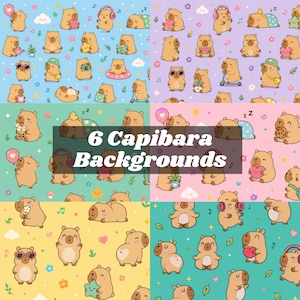 Puede incluir: Una colección de patrones digitales con seis fondos distintos que muestran ilustraciones repetitivas de capibaras de color marrón claro en diversas actividades, incluyendo corazones y auriculares, con el texto 6 Capibara Backgrounds.