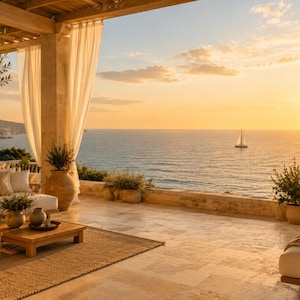 Può includere: Una terrazza in pietra affacciata sull'oceano al tramonto con una barca a vela all'orizzonte. Lo spazio presenta un tavolino in legno, sedute bianche, tende trasparenti e grandi vasi in terracotta con piante verdi su un pavimento piastrellato.