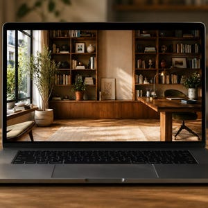 Pu&ograve; includere: Un computer portatile argentato con tastiera nera e schermo che mostra l'interno di un ufficio domestico con scaffali in legno, una scrivania e una grande finestra. Il portatile &egrave; posizionato su una scrivania in legno accanto a una tazza.