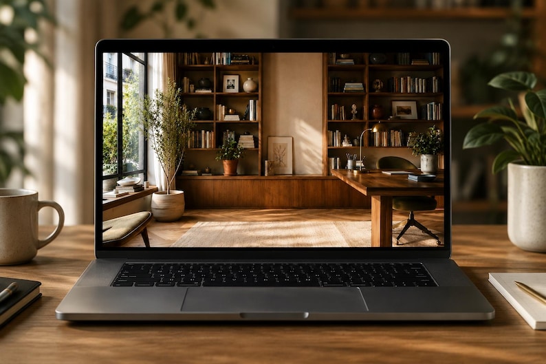 Pu&ograve; includere: Un computer portatile argentato con tastiera nera e schermo che mostra l'interno di un ufficio domestico con scaffali in legno, una scrivania e una grande finestra. Il portatile &egrave; posizionato su una scrivania in legno accanto a una tazza.