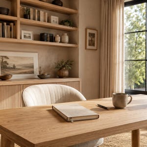Puede incluir: Un escritorio de madera clara presenta un cuaderno beige cerrado y un bolígrafo negro junto a una taza de cerámica. Una silla tapizada y curva se sitúa frente a un mueble de madera con estantes abiertos llenos de libros y decoración.