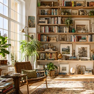 Puede incluir: Una habitación con una estantería de madera alta llena de libros, arte enmarcado y plantas en macetas. Una silla de cuero trenzado marrón con un cojín estampado se sitúa junto a una ventana grande. Una alfombra estampada cubre el suelo.