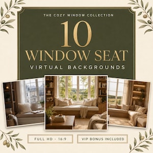 Puede incluir: Una colección digital de 10 fondos virtuales de asientos junto a la ventana titulada The Cozy Window Collection. El gráfico presenta texto dorado sobre un fondo verde oscuro con ilustraciones de olivos y tres vistas previas.