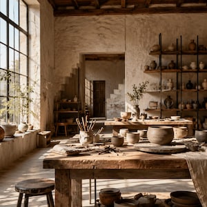 Puede incluir: Un estudio de cerámica iluminado por el sol con grandes ventanas y mesas de madera rústicas. La habitación está llena de varias piezas de cerámica, herramientas y estantes que exhiben cerámica terminada. La estética general es cálida y acogedora, con un enfoque en la artesanía.
