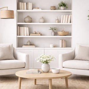May include: A living room featuring two white armchairs, a round light wood coffee table with a white vase of white flowers and a bowl, and a built-in white bookshelf filled with books, decorative vases, woven baskets, and small potted plants.
