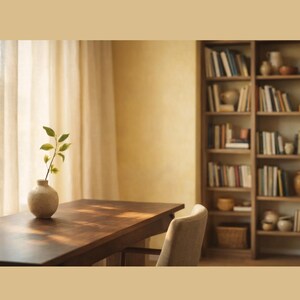 Puede incluir: Un escritorio de madera oscura con una silla tapizada en beige, un pequeño jarrón de cerámica moteada con una rama de hojas verdes y una estantería de madera alta llena de libros y objetos decorativos contra una pared amarilla cálida.
