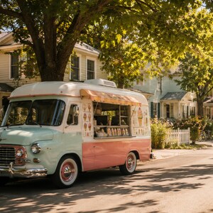 Puede incluir: Un camión de helados de estilo vintage con un exterior en verde menta pastel y rosa suave, que cuenta con una ventanilla de servicio con toldo a rayas, gráficos de conos de helado y detalles cromados, aparcado en una calle residencial bajo árboles.