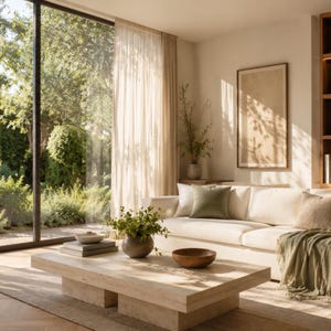 Puede incluir: Una mesa de centro rectangular de travertino con superficie porosa, que incluye un cuenco de cerámica oscura con vegetación, un cuenco de madera y libros apilados. La mesa se asienta sobre una alfombra clara en una habitación con sofá blanco y manta verde.