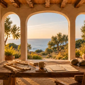 Puede incluir: Una mesa de madera rústica se encuentra bajo un arco de piedra, con una taza de cerámica, una pila de libros, un cuaderno abierto con bocetos y un paño beige doblado. La escena muestra un paisaje costero con árboles y el océano al atardecer.