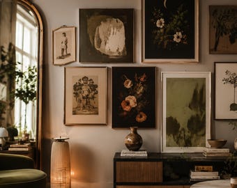 May include: A gallery wall featuring various framed art prints including floral, abstract, and botanical illustrations. A tall arched gold mirror, a cylindrical floor lamp, a dark wood console table with books, and a ceramic vase are also present.