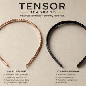 May include: Two headbands are displayed. One is a gold-colored, twisted metal design labeled "Tensor Headband." The other is a simple black plastic headband labeled "Standard Headband." Text states the Tensor Headband is infused with Tensor Technology and protects from 5G & EMF.